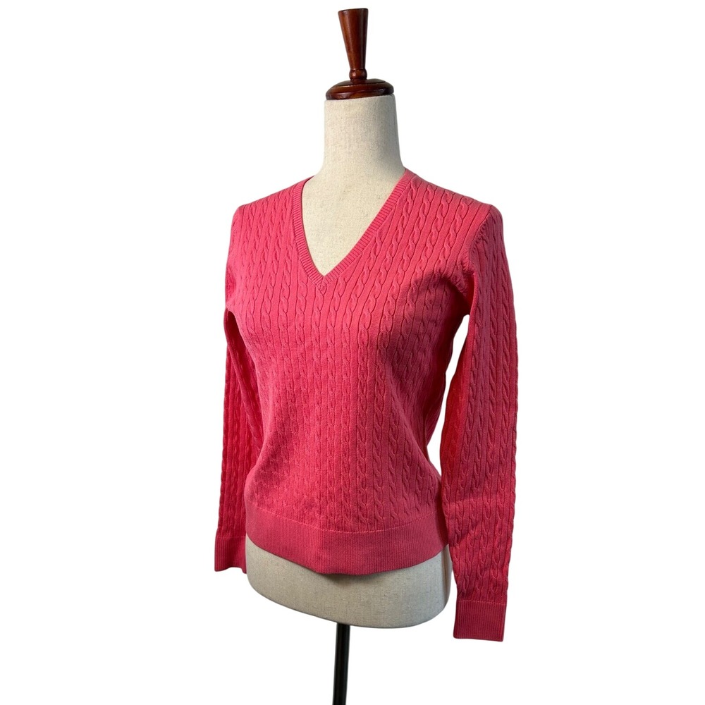 Fairway & Greene Cable Knit V Neck Sweater Women's Size Small Coral Pink